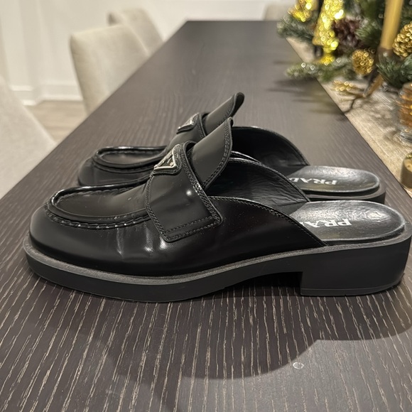 Prada Spazzolato Metal Triangle Logo 40mm Loafer Mules - Picture 3 of 11